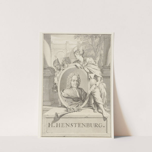 Portret van Herman Henstenburgh in ovaal vastgehouden door vrouwenfiguur en putto by Nicolaas Verkolje