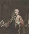 Portret van Simon Fokke met in zijn hand de prent van de plundering van het huis van Gerrit Hagedooren