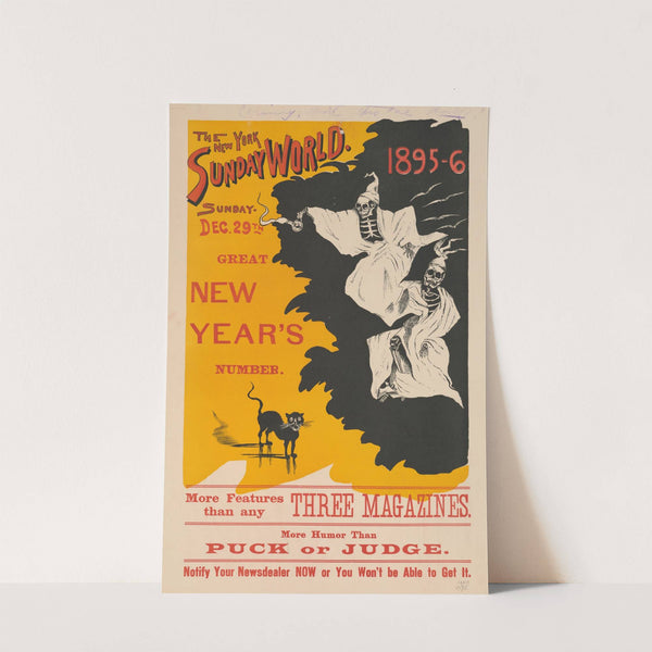 Poster shows a black cat and two skeletons dressed in white robes and sleep caps by Anonymous