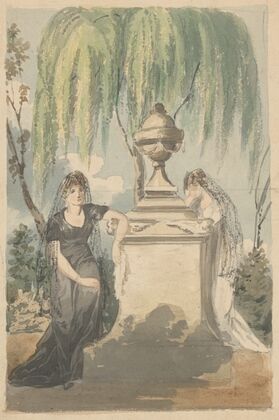 Preliminary design for mourning scene; two veiled women grieving over funerary monument with urn, weeping willow in background