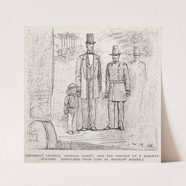 President Lincoln, General Grant, and Tad Lincoln at a Railway Station (1887) by Winslow Homer