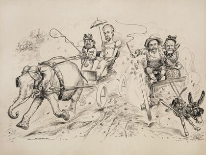 President Theodore Roosevelt and Vice Presidential candidate Charles Fairbanks (depicted as a woman) ride together in a carriage (1904)