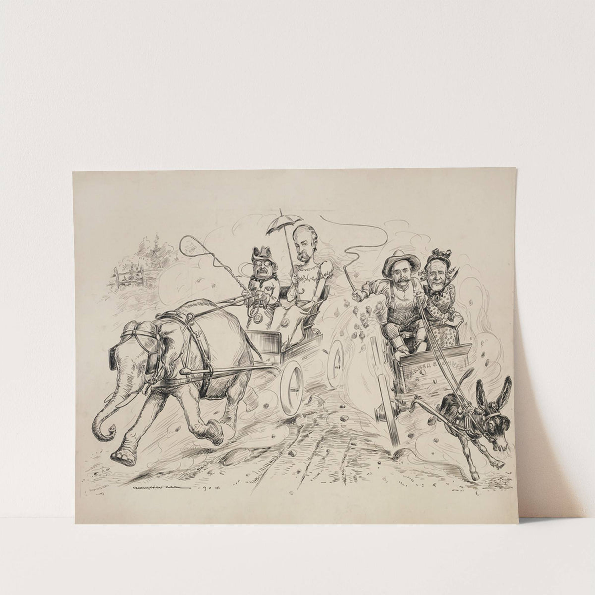President Theodore Roosevelt and Vice Presidential candidate Charles Fairbanks (depicted as a woman) ride together in a carriage (1904) by William Henry Walker