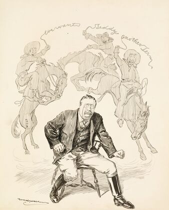 President Theodore Roosevelt, ready to leave his chair, is haunted by three cowboys representing the West (1906) — size preview