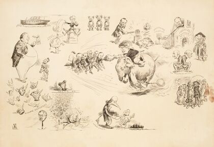 President Theodore Roosevelt rides the Republican Party elephant like a charger, spearing several men with his lance, shaped like a big stick (1907)