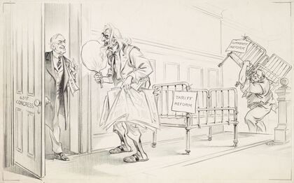 President Woodrow Wilson is depicted as a doctor delivering the Tariff Reform and Currency Reform legislation ‘babies’ at the 63rd Congress — size preview