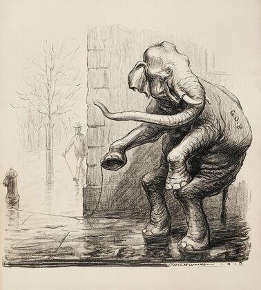 President Woodrow Wilson walks calmly down the street as the Republican Party elphant hides around the corner (1919) — size preview