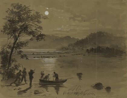 Previous to Antietam. Rebels crossing the Potomac. Union scouts in foreground