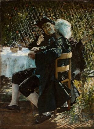 Priest in conversation with a man in a frock coat
