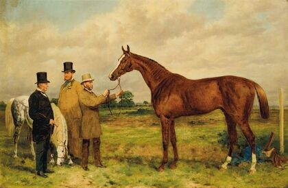 ‘Prince Charlie,’ Winner of the Two Thousand Guineas, with Portraits of Mr. H. Jones, Owner, and Mr. Joseph Dawson, Trainer — size preview