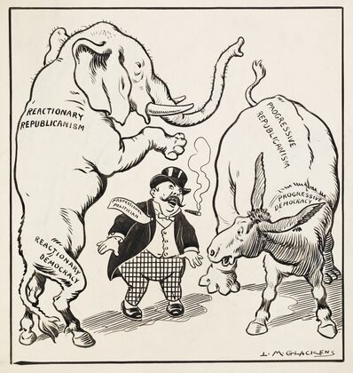 Professional politician stands between two composite animals (1908)