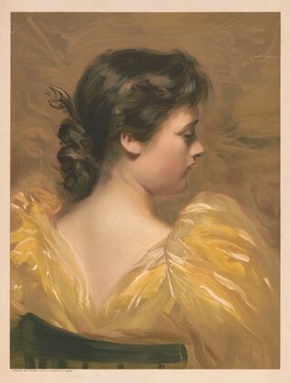 Profile view of seated woman wearing yellow dress (1893)