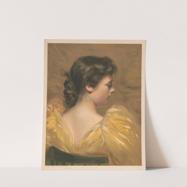Profile view of seated woman wearing yellow dress (1893) by A.W. Elson &amp; Co.