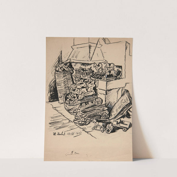 Projekt ilustracji fragment wnętrza kuchni ze stertami drewnianych zabawek by Ivan Ivanec