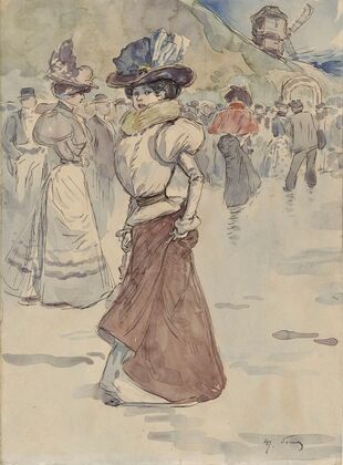 Promeneurs devant le moulin de la Galette. Actuel 18ème arrondissement (1890-1900)