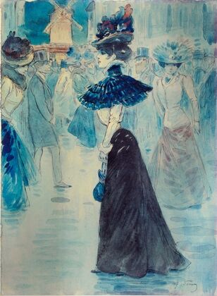 Promeneurs devant le Moulin Rouge, place Blanche, actuel 18ème arrondissement (1890-1900)