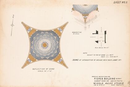 Proposed decorations for Fisher Building, Detroit, MI.] [Sheet No. 3, Dome at intersection of arcade 100 and Main Lobby 107