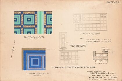 Proposed decorations for Fisher Building, Detroit.] [Soffit of stair no. 2.] [Elevator lobbies 202 & 302