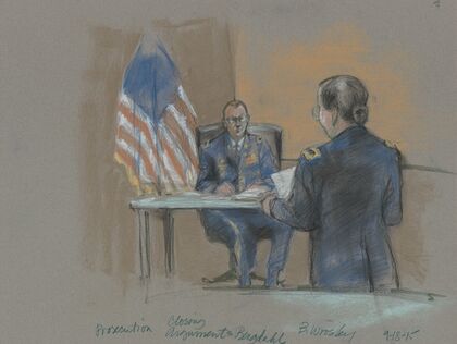 Prosecution lawyer giving the closing argument during the court martial of Bowe Bergdahl, Fort Sam Houston, San Antonio, Texas