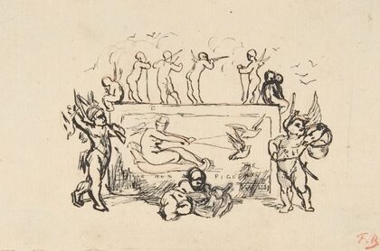 Putti grouped around a rectangular panel