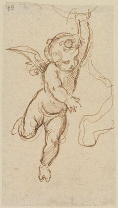 Putto, von vorn, nach rechts fliegend und mit der rechten Hand nach unten deutend