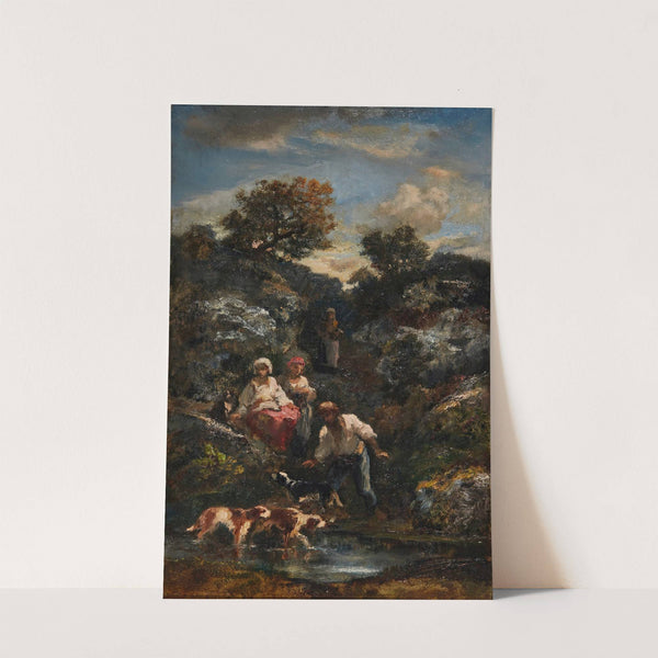 Quatre Bohémiens Et Chiens, Une Mare Près De Rochers by Narcisse-Virgile Diaz de La Peña