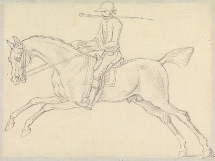 Racehorse with Jockey Up; the Jockey Holds a Whip in His Teeth