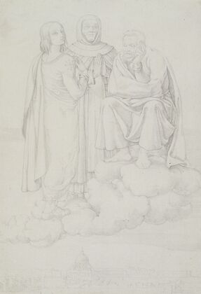 Raphael, Fra Angelico and Michelangelo on a Cloud over Rome