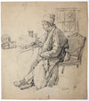 Reading scholar with pipe: skull and hourglass on a table