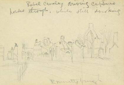 Rebel cavalry driving captured horses through, while still smoking Emmettsburgh