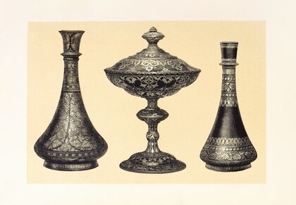 Recent Indian Vases in Oxydised Pewter, Encrusted or Damascened with Silver. Tazza in Wrought Iron, Inlaid with Silver