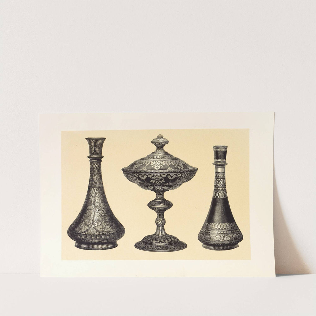 Recent Indian Vases in Oxydised Pewter, Encrusted or Damascened with Silver. Tazza in Wrought Iron, Inlaid with Silver by John Charles Robinson
