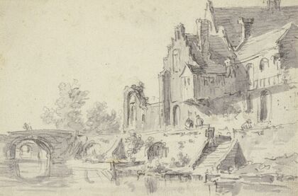 Rechts an einem Wasser alte Häuser mit einer Treppe, über das Wasser führen zwei steinerne Brücken