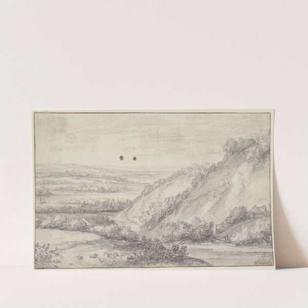 Rechts ein Bergabhang mit mehreren Gebäuden, in der Ferne ein Fluß, viele Ortschaften im Gebüsch by Antonie Waterloo