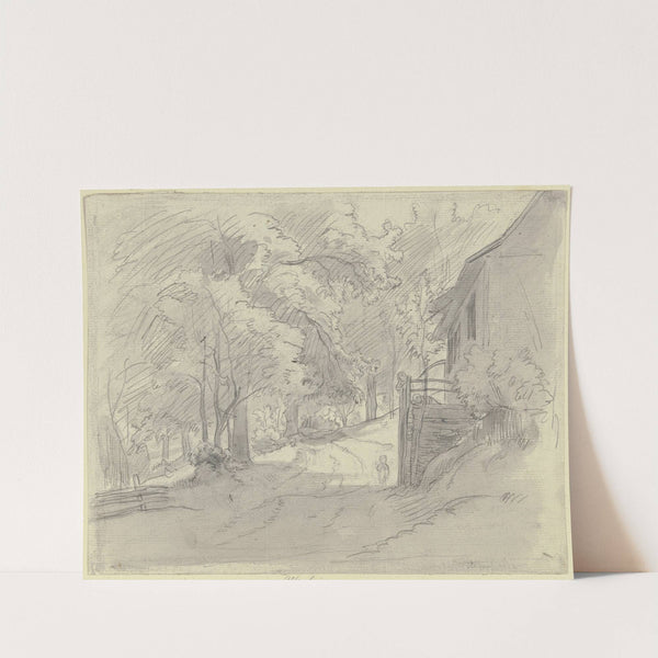 Rechts ein Haus, dabei drei Kinder, am Weg durch den Kastanienwald by Jakob Fürchtegott Dielmann