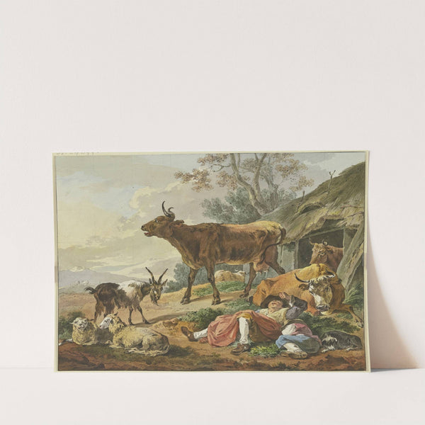 Rechts ein Stall, aus welchem zwei Kühe kommen, davor zwei schlafende Hirten mit ihrem Hund und einer Ziege by Marquard Wocher