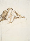 Reclining male nude with right hand resting on a stone tablet, seen from below