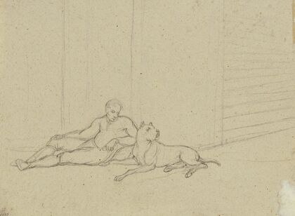 Reclining man with mastiff