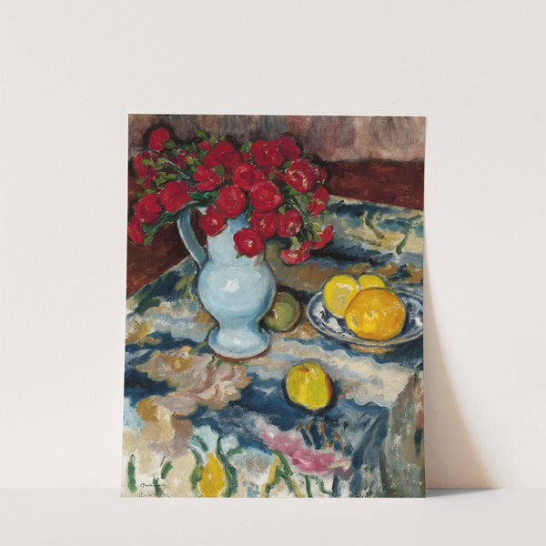 Red carnations (Still life with a blue vase) by Józef Pankiewicz