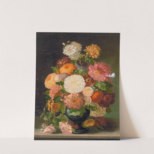 Red, orange, white, and pink flowers in a black vase by Anonymous