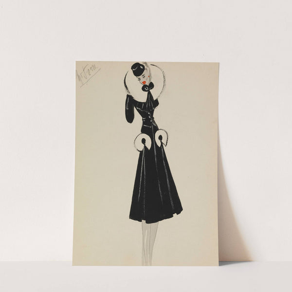 Redingote noire avec col et poches en fourrure blanche (1938) by M. P. Leven