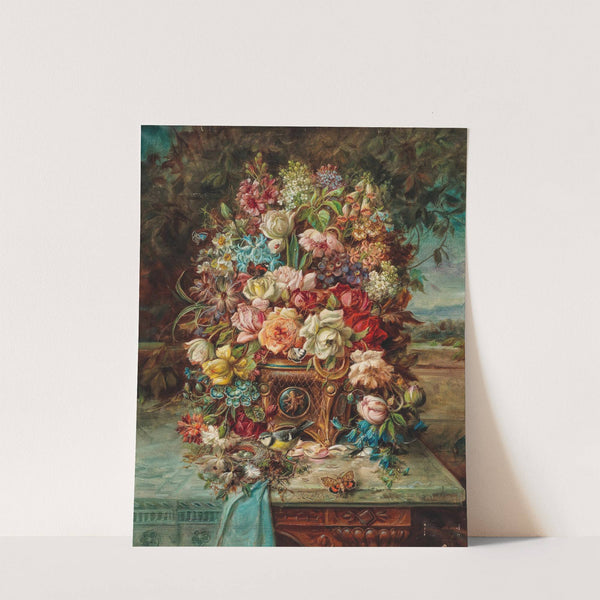 Reiches Blumenstillleben mit Blaumeise vor einer weiten Landschaft by Hans Zatzka