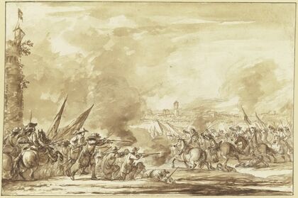 Reiterangriff auf Infanterie vor den Toren einer Stadt