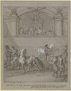 Reitschule, drei Pferde werden am Seil geführt, in einer erhöhten Loge Zuschauer (1751)