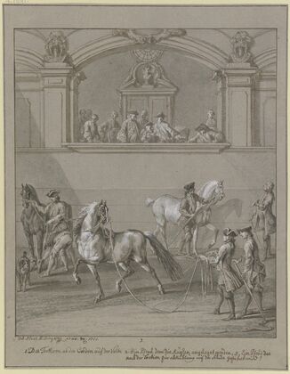 Reitschule, drei Pferde werden am Seil geführt, in einer erhöhten Loge Zuschauer (1751)