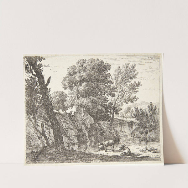 Rejsende med to æsler ved en flod by Karel Dujardin