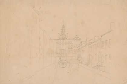 Residential street scene in unidentified city, with public building with steeple on hill in background and horse and cart or wagon in foreground