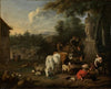 Resting shepherds with their flock and travelers at a well