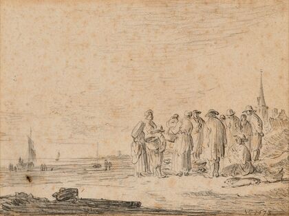 Retour de pêche sur le bord du rivage, le clocher d’une église à l’arrière-plan (1638)