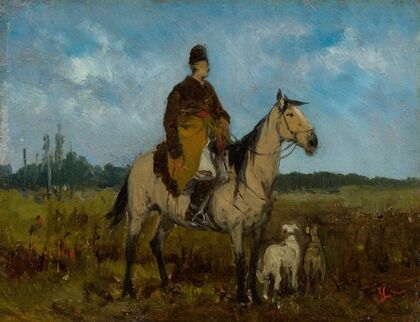 Rider on horseback with greyhounds